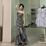 Grey Spaghetti Straps Vintage Sheath Chiffon Long Evening Gown HZ0319