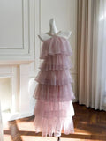 Pink Halter A-Line Layered Shiny Party Dress Birthday Outfits HZ0319
