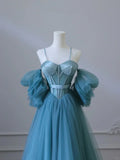 Blue Spaghetti Straps A-Line Tulle Long Formal Party Dress HZ0319