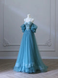 Blue Spaghetti Straps A-Line Tulle Long Formal Party Dress HZ0319