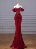 Mermaid Burgundy Off The Shoulder Long Prom Dresses Velvet Birthday Outfits HZ0319