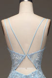 Light Blue Sequins Beads Prom Dress Formal Party Dress with Slit HZ0319