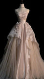 Pearl Pink Strapless A-Line Tulle Long Party Gown with Pearls HZ0319