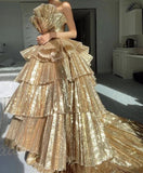 Gorgeous Golden Tiered Ball Gown Long Evening Party Dress HZ0319