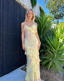 Yellow Spaghetti Straps Ruffle Long Prom Dress with Ruffles HZ0319