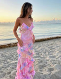 Pink Spaghetti Straps Backless Ruffles Long Prom Dress HZ0319