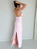 Pink Spaghetti Straps Pleated Long Party Dress Wedding Guest Dress HZ0319