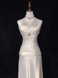 V Neck A Line Satin Long Prom Dresses Halter Wedding Dress HZ0319