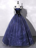 Navy Blue Straps A-Line Velvet Long Formal Evening Gown HZ0319