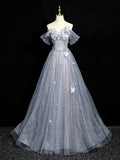 Gray Blue A-Line Tulle Lace Long Prom Dress Off the Shoulder Evening Party Dress, HZ0319