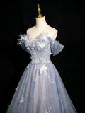 Gray Blue A-Line Tulle Lace Long Prom Dress Off the Shoulder Evening Party Dress, HZ0319
