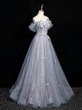 Gray Blue A-Line Tulle Lace Long Prom Dress Off the Shoulder Evening Party Dress, HZ0319