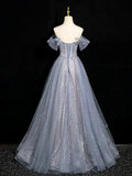 Gray Blue A-Line Tulle Lace Long Prom Dress Off the Shoulder Evening Party Dress, HZ0319