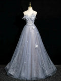 Gray Blue A-Line Tulle Lace Long Prom Dress Off the Shoulder Evening Party Dress, HZ0319