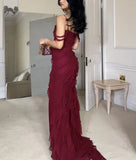 Wine Red Off Shoulder Straps Multi-layered Ruffles Long Prom Dress, HZ0319