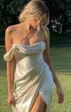 Ivory Off Shoulder Satin Long Prom Dress with Slit, HZ0319