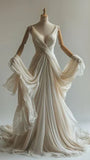 Elegant Ivory Straps V Neck A-Line Retro Wedding Dress, HZ0319