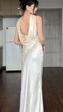 Elagant Ivory Halter Mermaid Satin Long Party Dress, HZ0319
