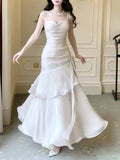 White Spaghetti Straps A-Line Chiffon Long Party Dress, HZ0319