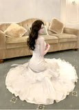White Spaghetti Straps A-Line Chiffon Long Party Dress, HZ0319