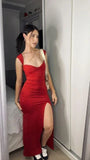 Red Mermaid Slit Prom Dress Satin Formal Party Dress, HZ0319