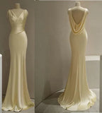 Pastel Yellow Satin Backless Mermaid Long Prom Dress, HZ0319