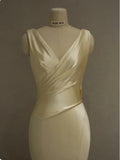 Pastel Yellow Satin Backless Mermaid Long Prom Dress, HZ0319