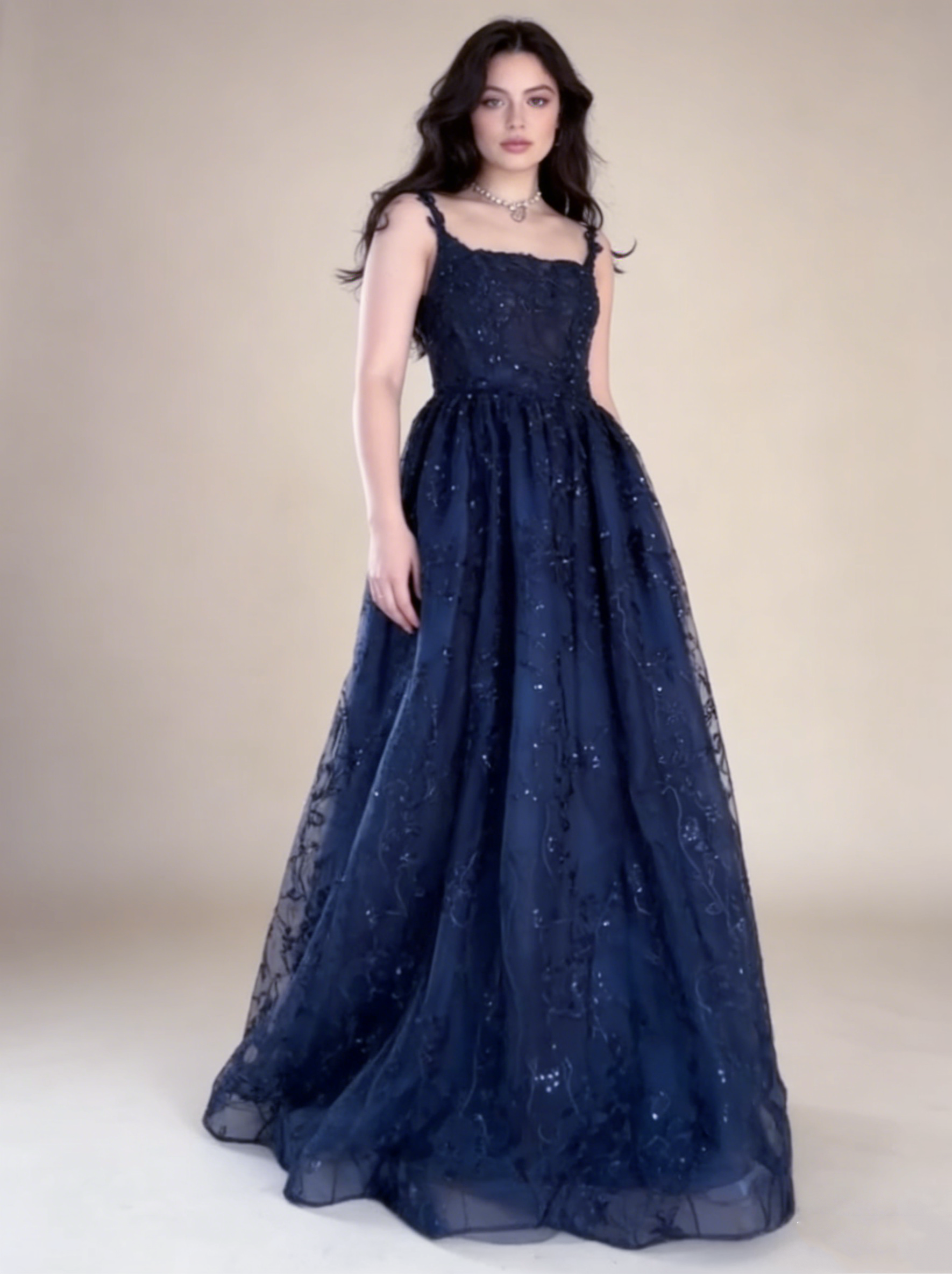 Navy Blue Straps A-Line Lace Long Prom Dress Evening Gown HZ0319