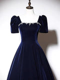 A-Line Dark Blue Velvet Long Prom Dress, Blue Formal Evening Dress HZ0319
