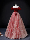 Burgundy/Pink Tulle Velvet Long Prom Dress, Burgundy Formal Dress HZ0319