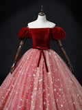 Burgundy/Pink Tulle Velvet Long Prom Dress, Burgundy Formal Dress HZ0319