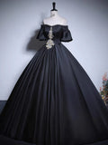 Black A-Line Satin Long Prom Dress, Black Satin Long Formal Dress HZ0319