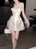 Retro Beige Sequin 3D Floral Strapless Design A-line Party Dress Homecoming Dress HZ0319