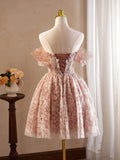 Vintage Pink 3D Flower Design A-line Off-the-shoulder Homecoming Dress , HZ0319