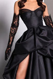 Retro Black Sweetheart Irregular Ruffle Hem Lace Gloves Design Elegant A-Line Satin Evening Dress Prom Dress HZ0319