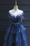 Vintage Blue Beaded Design Elegant A-Line Chiffon Tulle Evening Dress Prom Dress HZ0319