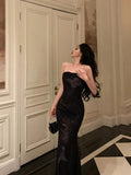 Vintage Black Strapless Floral Applique Design Elegant Sheath Evening Dress Prom Dress HZ0319