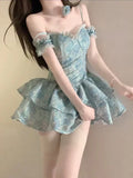 Retro Light Blue Floral Spaghetti Strap Design A-line Mini 16th Birthday Party Dress Tiered Homecoming Dress HZ0319