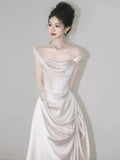 Retro Off-the-shoulder Floor Length Design Elegant Satin A-Line Wedding Dress, HZ0319