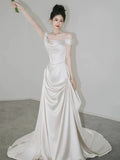 Retro Off-the-shoulder Floor Length Design Elegant Satin A-Line Wedding Dress, HZ0319