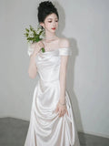 Retro Off-the-shoulder Floor Length Design Elegant Satin A-Line Wedding Dress, HZ0319