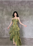 Retro Spaghetti Strap Irregular Ruffled Detachable Rose Design Elegant Satin Evening Dress Prom Dress HZ0319