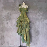 Retro Spaghetti Strap Irregular Ruffled Detachable Rose Design Elegant Satin Evening Dress Prom Dress HZ0319