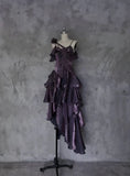 Retro Spaghetti Strap Irregular Ruffled Detachable Rose Design Elegant Satin Evening Dress Prom Dress HZ0319