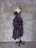 Retro Spaghetti Strap Irregular Ruffled Detachable Rose Design Elegant Satin Evening Dress Prom Dress HZ0319