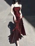 Vintage Burgundy Spaghetti Strap Ruffle Design Elegant A-line Evening Dress Prom Dress HZ0319