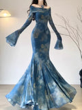 Vintage Blue Off-the-shoulder Floral Design Elegant Mermaid Chiffon Evening Dress Prom Dress HZ0319