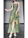 Vintage Green Spaghetti Strap Ruffle Design Elegant A-line Satin Evening Dress Prom Dress HZ0319