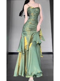 Vintage Green Spaghetti Strap Ruffle Design Elegant A-line Satin Evening Dress Prom Dress HZ0319