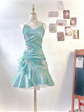 Fashion Mint Green Sparkling Sequin Spaghetti Strap Ruffled Hem Short 16th Birthday Party Dress Homecoming Dress HZ0319
